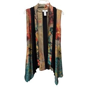 Ania A Vest Multicolor Floral Mixed Media Open Front Draped Shawl Collar XL